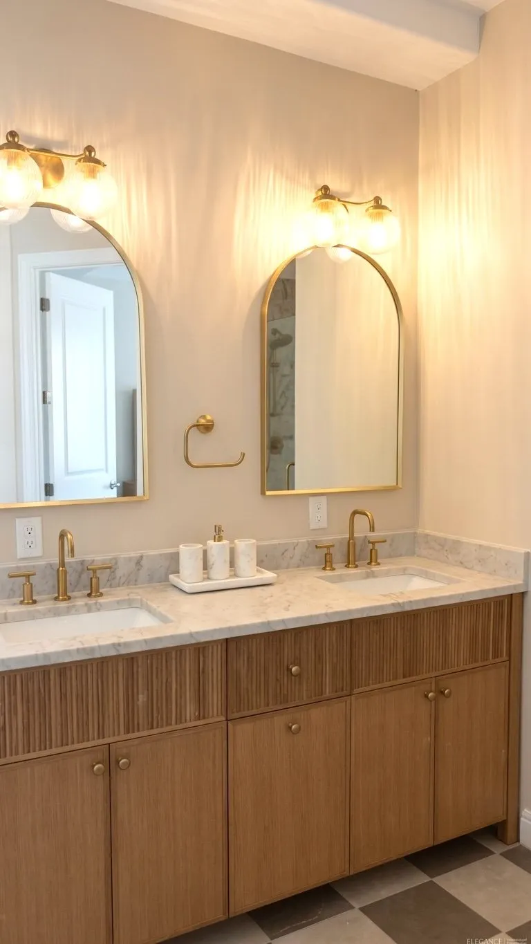 Wider view of the double vanity, showing the run of marble and the pair of arched mirrors