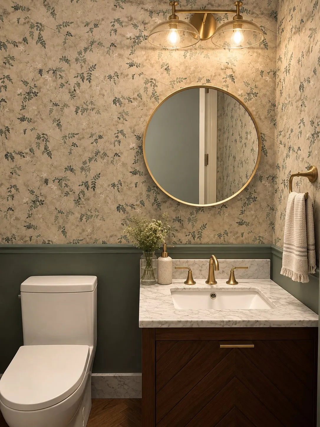 A powder room with floral wallpaper above a deep green wainscot, a round brass mirror and a dark timber vanity