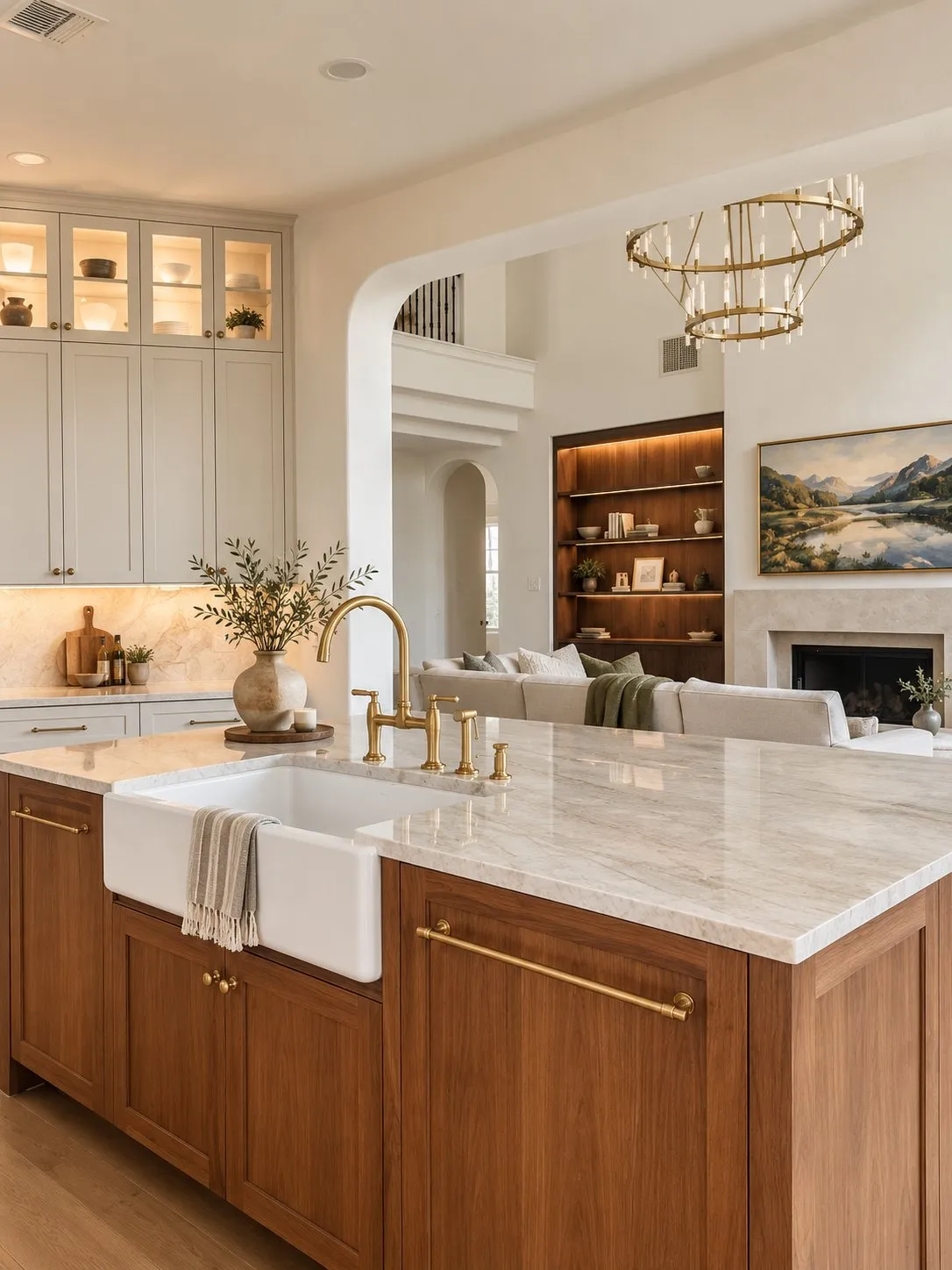 Kitchen looking across the walnut island and farmhouse sink, past a brass bridge tap, into the living room beyond