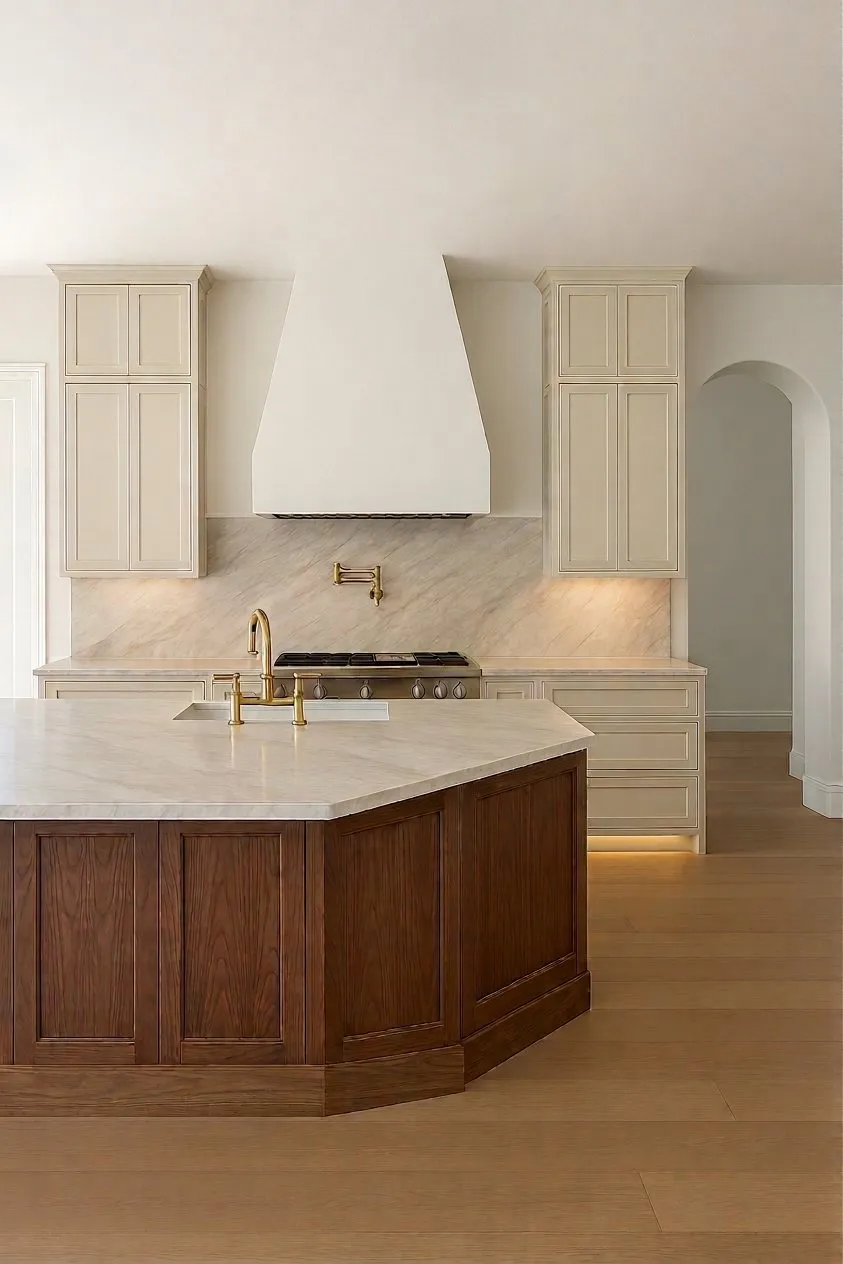 A kitchen with its plaster hood and walnut island under warm cabinet lighting