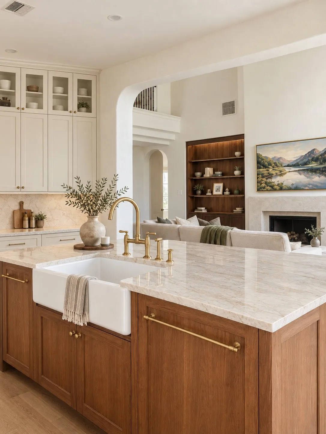 Kitchen looking across a walnut island and farmhouse sink, past a brass bridge tap, through to the living room and fireplace beyond